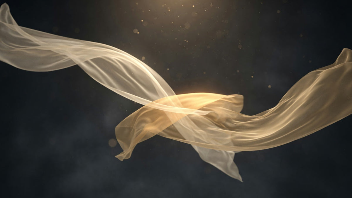 Two translucent veils overlapping in warm light — layered fragrance as abstraction