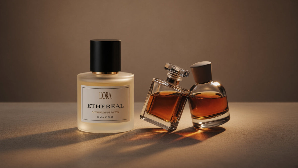 ETHEREAL Layering Eau de Parfum by L'ORA glowing in golden light