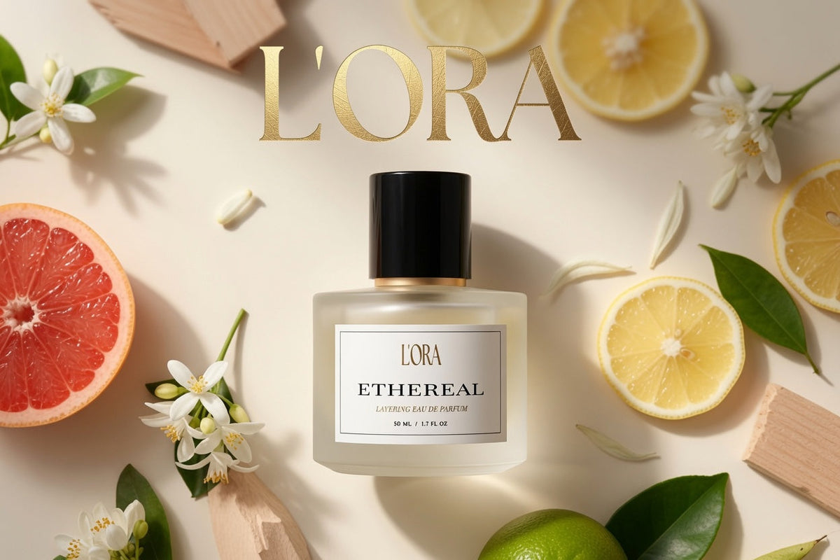 ETHEREAL notes flat lay — grapefruit, neroli blossom, citrus, and sandalwood around the L'ORA bottle
