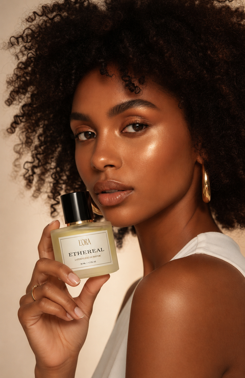Model holding ETHEREAL by L'ORA against warm skin — a fragrance designed to enhance your aura